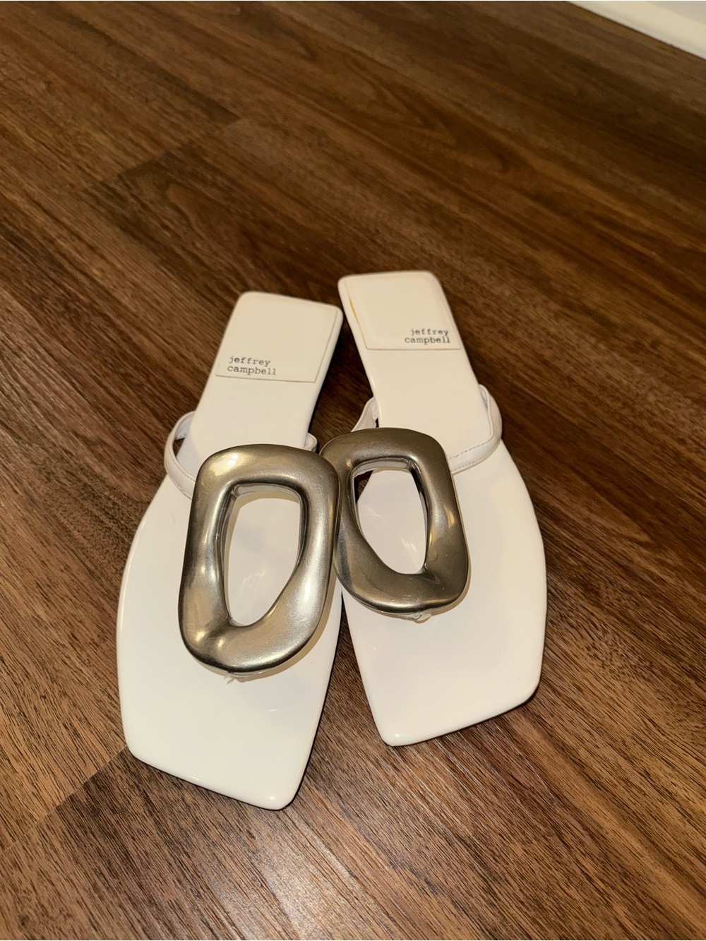 Jeffrey Campbell White Patent Leather Sandals with Silver Ornament